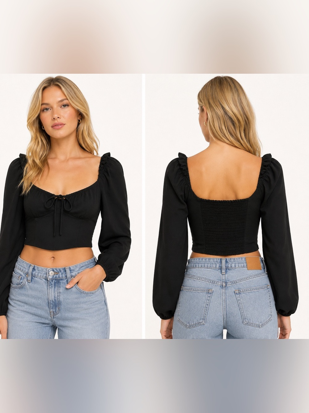 Aritzia Wilfred Black Long-Sleeve Square Neck Peasant Top